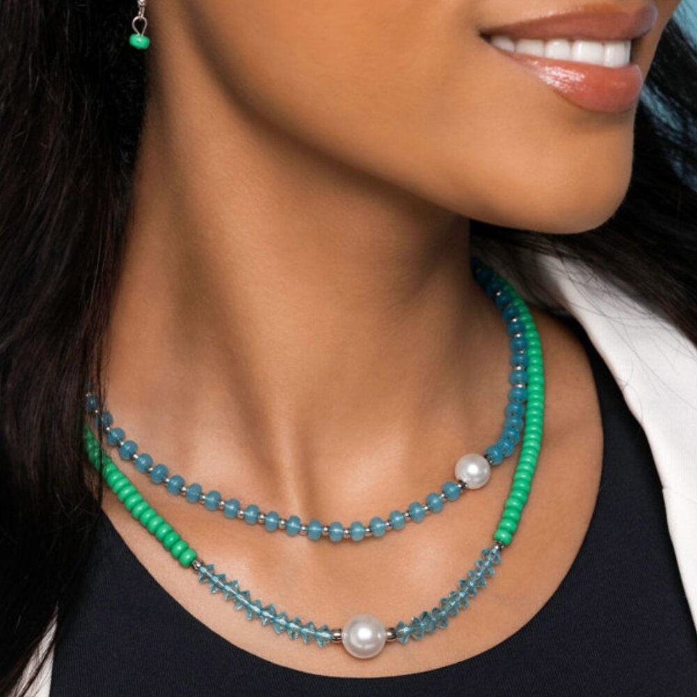 Beaded Necklace - Blue Green Faux Pearl - Multicolored Masquerade